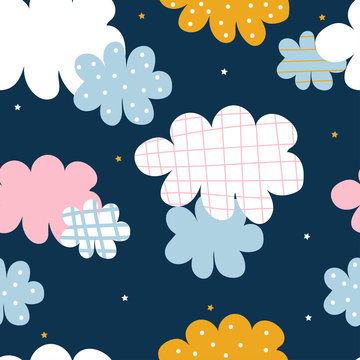 Night sky with cute clouds and stars seamless pattern. Sweet kids graphic. Vector hand drawn illustration.