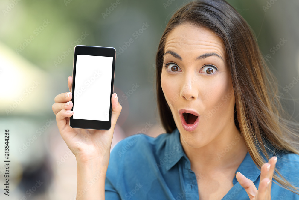 Sticker amazed woman showing a blank smart phone screen