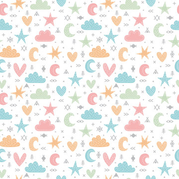 Cute tribal seamless pattern with hand drawn design elements for kids. Trendy background in scandinavian style. Texture for fabric or wrapping paper