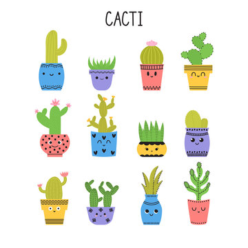Set of cacti and succulents. Cacti in flower pots. Cartoon icons. Collection of exotic plants