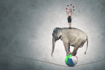 Caucasian businesswoman with balls and elephant