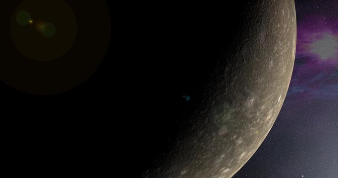 Coming around to the lit side of Callisto, in medium orbit. Lens fx, nebulae. Reversible, can be rotated 180 degrees. Elements of this image furnished by NASA.
