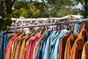 Jeans jackets and retro shirts on second hand market /  flea market - vintage clothing - 213545093