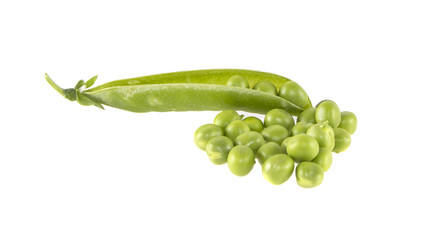 pods of green peas on isolated white background