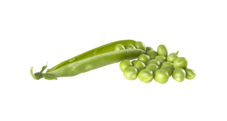 pods of green peas on isolated white background