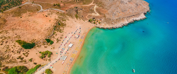 Aerial birds eye view drone photo Agia Agathi beach near Feraklos castle on Rhodes island,...