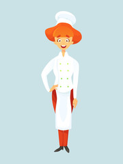 Cartoon character woman cook isolated on background. In working uniform, smiling. Vector illustration.