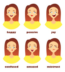 A large set of emotional icons. The face of a young woman in a cartoon style, avatars with a rounded ending. Text labels for each icon. Vector Illustration.