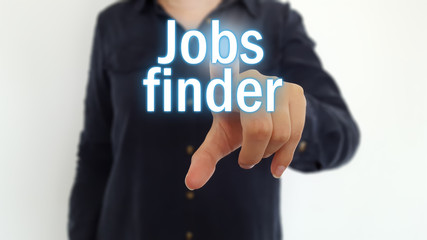 Business woman pointing finger on jobs finder text