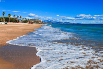 Panoramic sea landscape with Terracina, Lazio, Italy. Scenic resort town village with nice sand beach and clear blue water. Famous tourist destination in Riviera de Ulisse