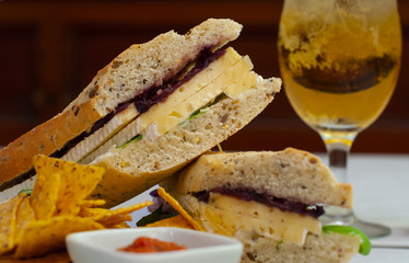 Lunch sandwich with beer