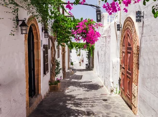 Foto op Plexiglas Smalle straat in Lindos-stad op het eiland van Rhodos, Dodekanesos, Griekenland. Mooie schilderachtige oude oude witte huizen met bloemen. Beroemde toeristische bestemming in Zuid-Europa © oleg_p_100
