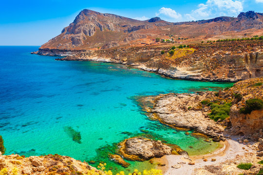 Sea skyview landscape photo of coast near Stegna beach and Archangelos on Rhodes island, Dodecanese, Greece. Panorama with sand beach and clear blue water. Famous tourist destination in South Europe