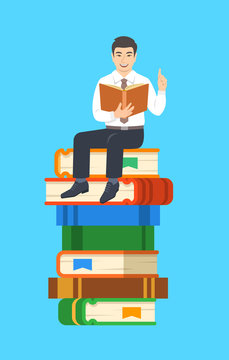 Young asian man teacher reads open book sitting on stack of giant books. School education concept. Vector cartoon illustration. Clever expert shares knowledge.