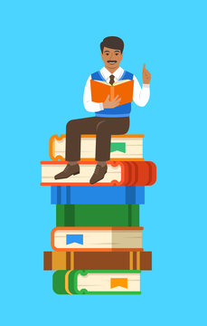 Indian man teacher reads open book sitting on stack of giant books. School education concept. Vector cartoon illustration. Clever expert shares knowledge.