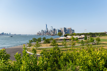 New York City / USA - JUL 14 2018: Lower Manhattan Skyline view from Outlook Hill on Governors Island