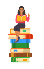 Young black woman teacher reads open book sitting on stack of giant books. School education concept. Vector cartoon illustration. Clever expert shares knowledge. Isolated on white