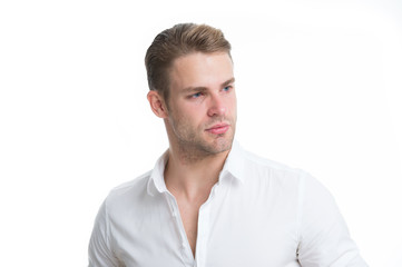 Confident in his appearance. Man bristle serious face handsome isolated white. Man beard unshaven guy looks handsome confident. Handsome in style. Guy bearded confident cares about appearance