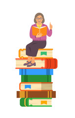 Elderly woman teacher reads open book sitting on stack of giant books. School education concept. Vector cartoon illustration. Senior person shares her knowledge