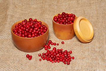 Two wooden bowls with red bilberry on canvas as background