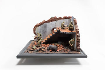 Diorama of storm indoors in ruined building with six soviet soldiers with weapon