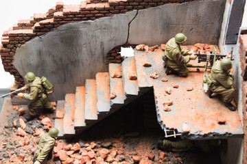 View of diorama part with soviet soldiers in ruined building in war