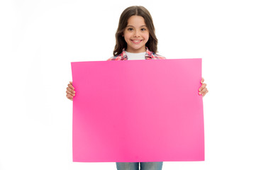 advertisement. little girl hold paper for advertisement. advertisement child with place for copy space. advertisement and presenting product concept. yout advertising here