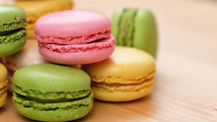 Macro close up of colourful macaron cookies.