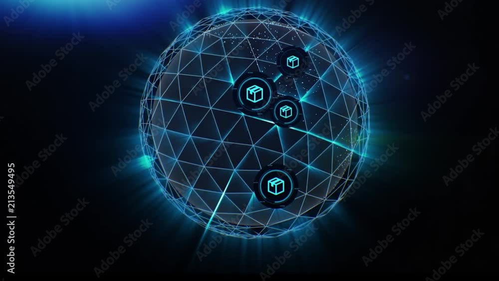 Poster Plexus Sphere explodes into particles and polygons connecting lines in network. Exchange of goods and services worldwide. Abstract geometric composition from chaotic slow moving dots and lines are