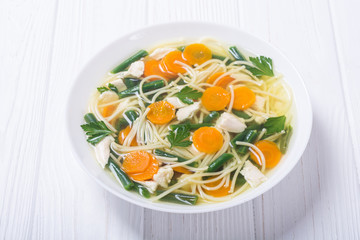Homemade chicken soup with noodles