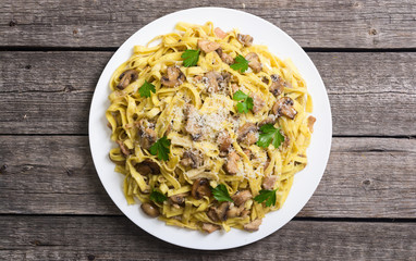 Pasta tagliatelle with chicken meat and mushroom