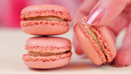 Macro close up of colourful macaron cookies.