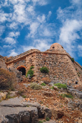 Ruins of Venetian fort on Imeri Gramvousa Island near island of Crete, Greece