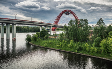 Red bridge over the Moskva river, Russia