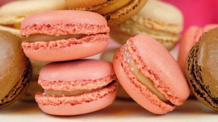 Macro close up of colourful macaron cookies.