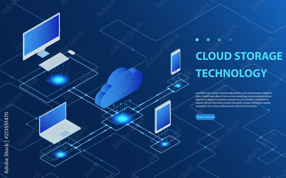 Poster concepts cloud storage. header for website with computer, laptop, smartphone on blue background.