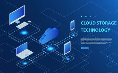 Concepts Cloud storage. Header for website with Computer, laptop, smartphone on blue background.
