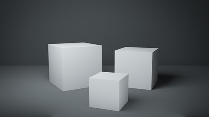 Brighter render of alternatively lit white cubes pedestals minimalist style