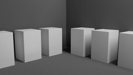 Rendered set of pedestals for presentations of objects in museums and showcases. Modern style minimalism