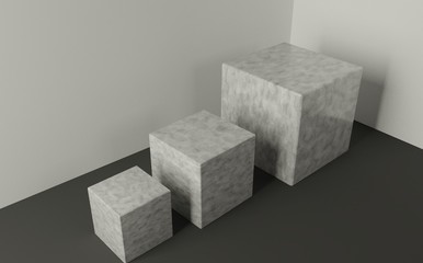 3D set of white marble blocks going from small to big on a dark floor. Modern minimalism