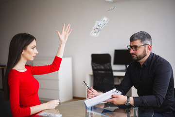 Business. Business Woman Gives Money to Men. Woman Dressed in Red Dress Gives Bribe. Business Man...