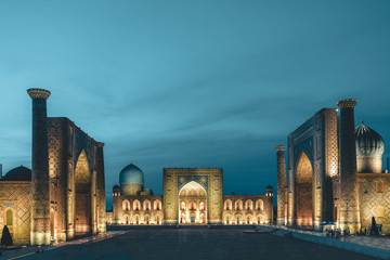 View to Registan Square at Night in Samarkand Uzbekistan