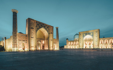 View to Registan Square at Night in Samarkand Uzbekistan