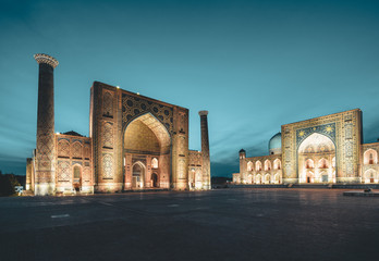 View to Registan Square at Night in Samarkand Uzbekistan