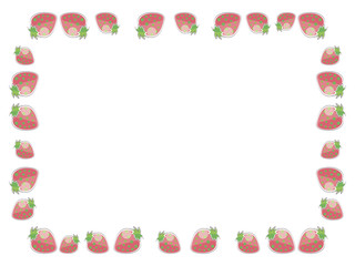 Frame with red strawberries with green with strokes simple stylized drawing berry horizontal border rectangle for congratulation greeting card on white background