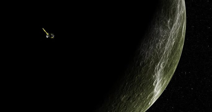 Long shot: the Cassini spacecraft in orbit around Dione. Reversible, can be rotated 180 degrees. Elements of this image furnished by NASA.