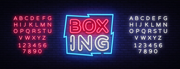 Boxing Neon sign vector design template. Boxing neon logo, light banner design element colorful modern design trend, night bright advertising, bright sign. Vector illustration. Editing text neon sign
