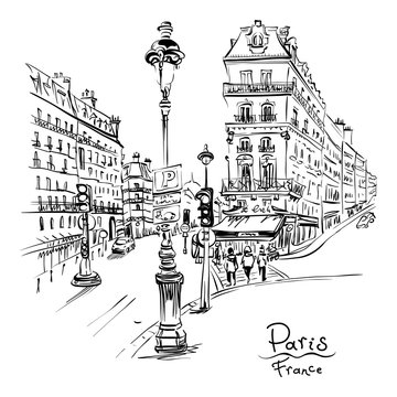 Vector black and white hand drawing. Paris street with traditional houses and lanterns, Paris, France.