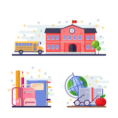Obraz premium Back to school vector flat illustration. School building, yellow bus and stationery supplies. Education icons.