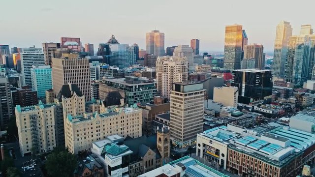 Aerial footage of Montreal during a hazy summer day